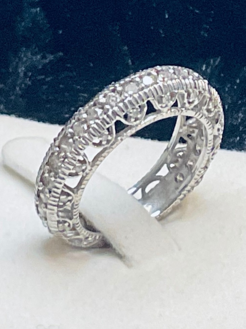14K White Gold & Genuine Diamond Filagree / Milgrain Band Ring